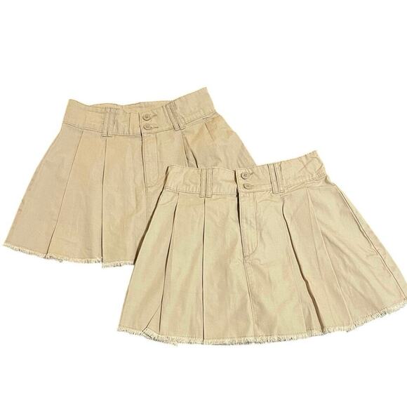 NWT 2 H&M Size 14 Teen Beige Tan Khaki Pleated Skirt Raw Hem Uniform - Picture 1 of 7
